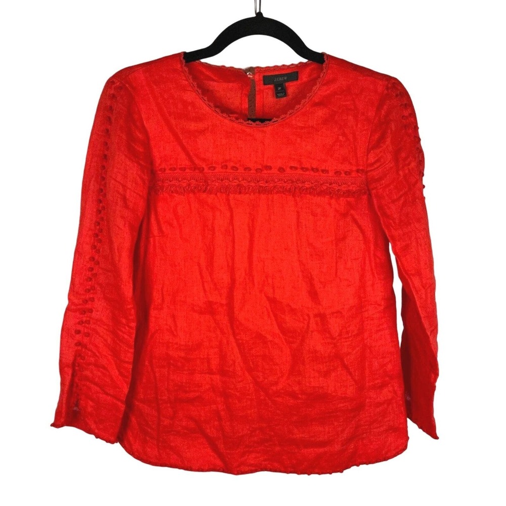 J Crew Petite Size 2P Linen Blouse Top Crochet Edge Red Beach Preppy Lightweight
